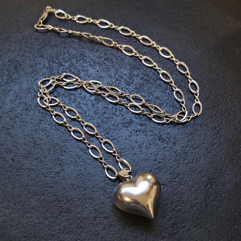 Sterling Silver 3d Heart Pendant  With Paperclip Style Chain Necklace